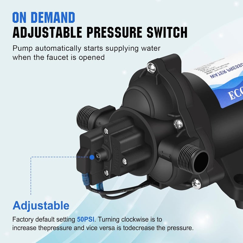 ECO-WORTHY 33-Series Water Pressure Diaphragm Pump Industrial 110V AC 4.0GPM Flow 50PSI Rated Pressure Self Priming RV Fresh Water Pump for Camper Kitchen Bathroom Marine Yacht Caravan - Image 4
